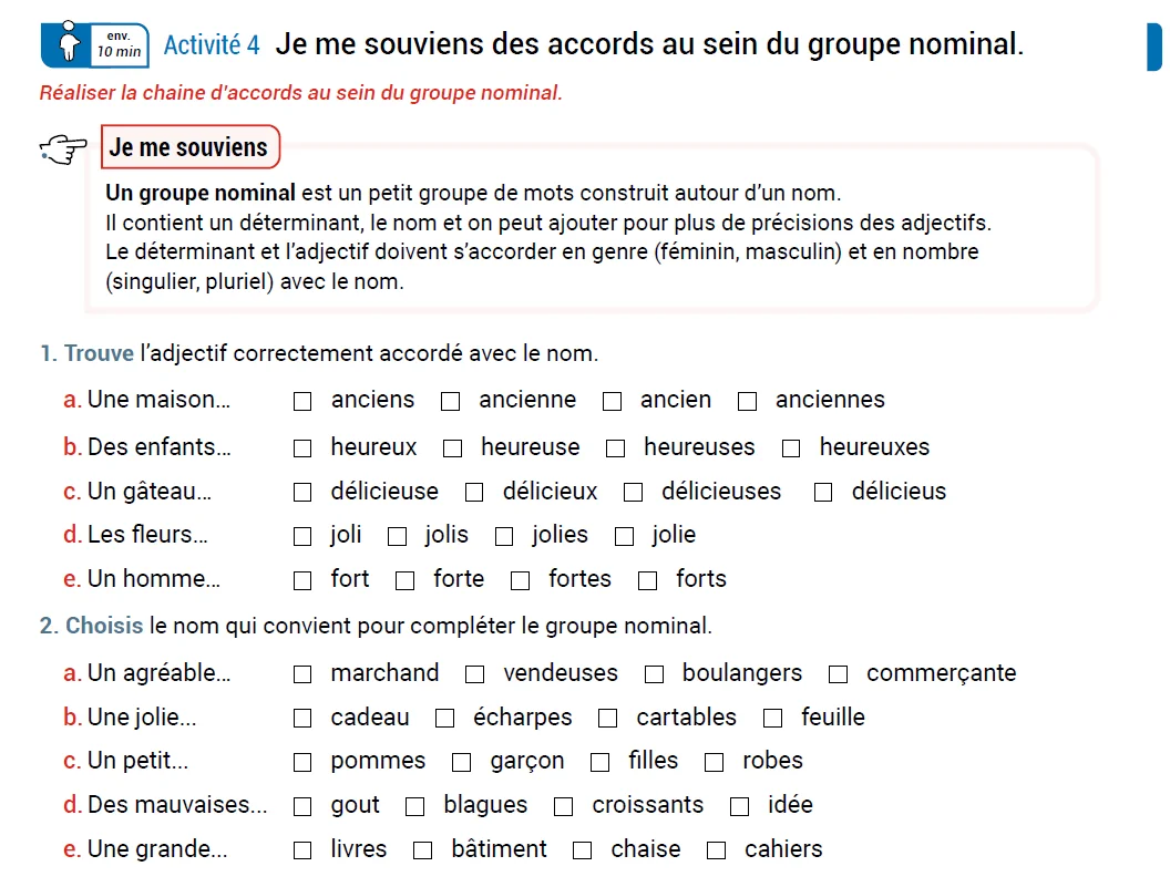 Exemple de QCM CNED — accords au sein du groupe nominal, nouveaux supports primaire